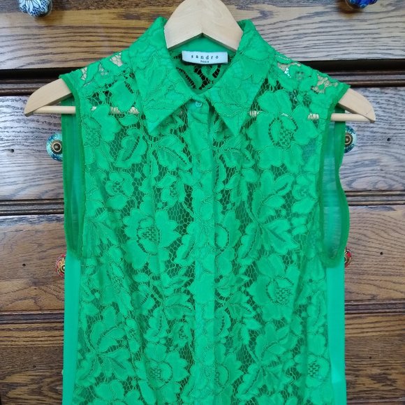 Sandro Paris Green Floral Lace Button Up Blouse - Picture 1 of 7